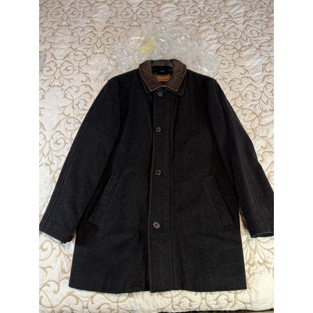 Tasso Elba Mens Medium Wool Cashmere Coat Charcoal Brown Suede Collar Overcoat